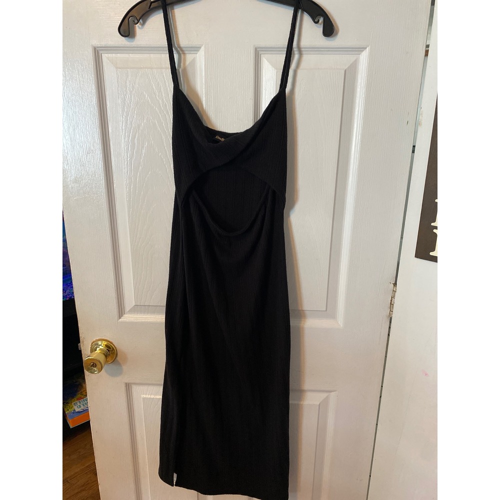 Endless Blu Black Ribbed Cutout Twist Front Midi Dress Side Slit Size L DD020